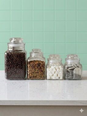 4 Vintage Anchor Hocking Canister Apothecary Jars with Lids Square Starburst